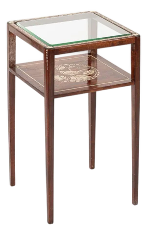 Antique French Art Nouveau Small Handpainted Mahogany Wood & Glass Side Table