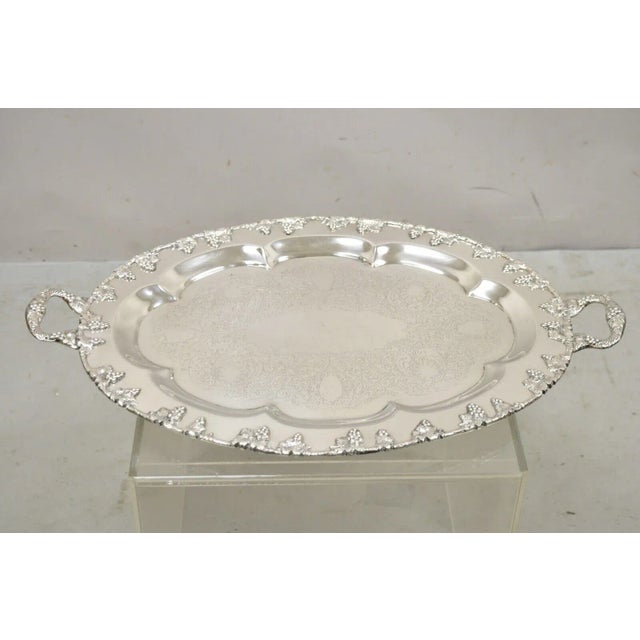 Vintage Sheffield Reproduction Victorian Style Grape Cluster Twin Handle 27" Platter Tray. Item features a nice oval form,...