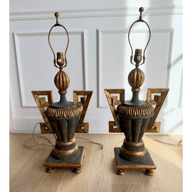 Impressive pair of vintage Italian hand-carved wood urn-form table lamps, sourced from Italy more than 30 years ago....
