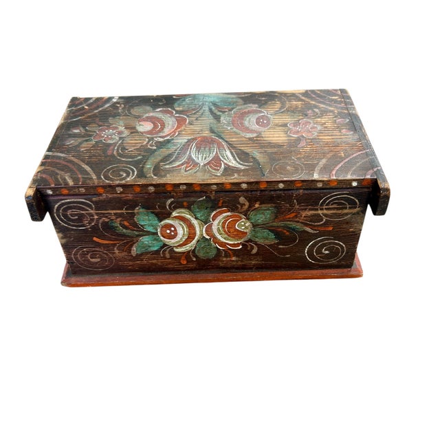Brown Early 19th Century Swedish Antique Rosemaling Hand Painted Floral Wood Box For Sale - Image 8 of 9