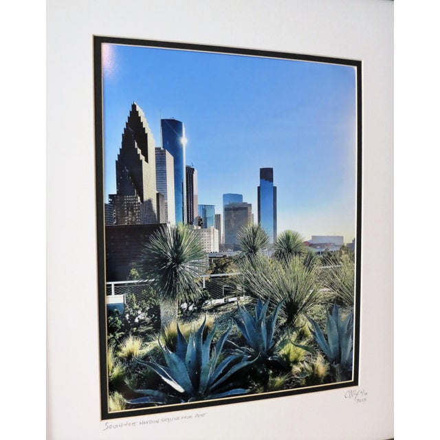 Southwest Houston Skyline from the Post. Sunset Skyline by C. Damien Fox 2023. Black ebony wood grained frame under glass...