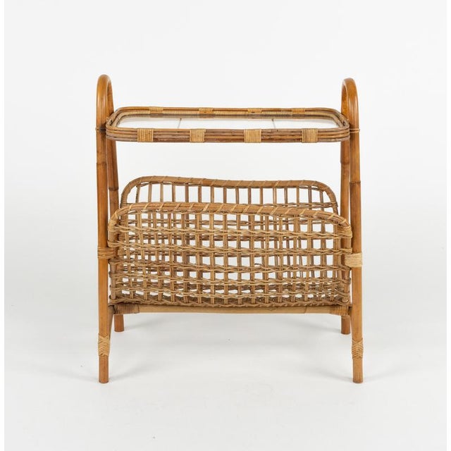 Mid-Century Bamboo, Rattan and Glass Side Table with Magazine Rack, Italy, 1960s For Sale - Image 8 of 18
