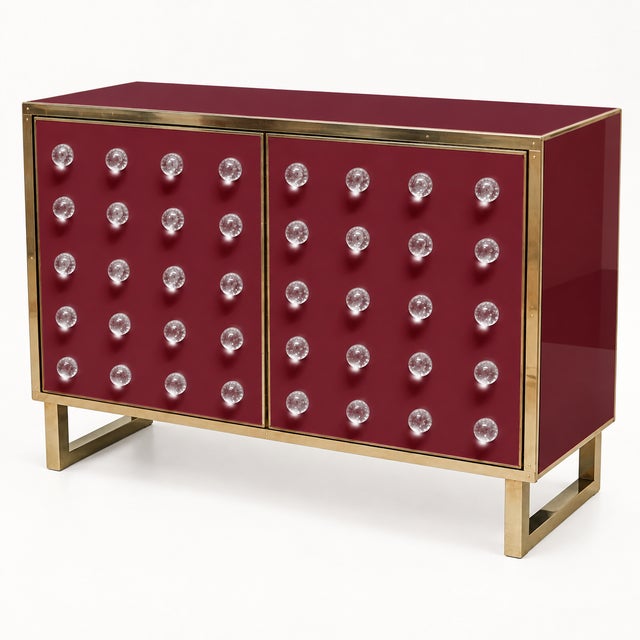 Contemporary Burgundy Dry Bar with Clear Murano Glass Spheres and Brass from Justfurnituress SRL For Sale - Image 3 of 8