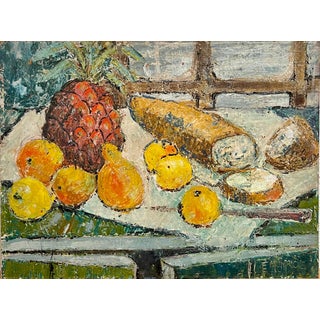 Enid Munroe, Enid Munroe Mid Century Modernist Oil Painting Still Life with Fruit and Bread For Sale