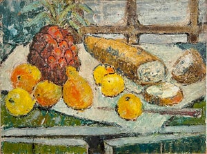Enid Munroe, Enid Munroe Mid Century Modernist Oil Painting Still Life with Fruit and Bread