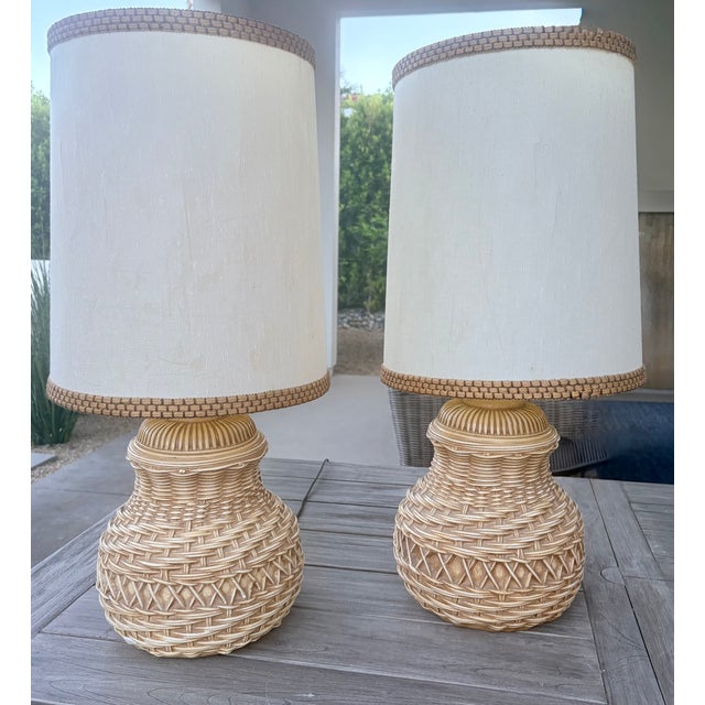 Hollywood Regency 1970's Spanish Ceramic Trompe-l'Oeil Wicker Table Lamps With Matching Shades, a Pair For Sale - Image 3 of 16