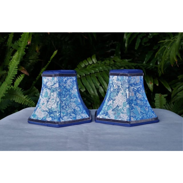 Metal Marbleized Paper Hexagon Bell Frames Candle Clip Sconce Handmade Lampshades - a Pair For Sale - Image 7 of 11