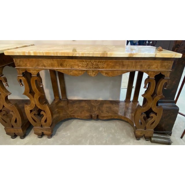 Pair of 19th Century Continental Inlaid Walnut Consoles With Yellow Onyx Tops For Sale - Image 13 of 15