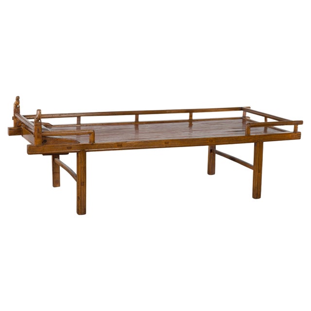 19th Century Chinese Qing Dynasty Elm & Bamboo Seat Daybed with Guardian Lions For Sale - Image 13 of 13