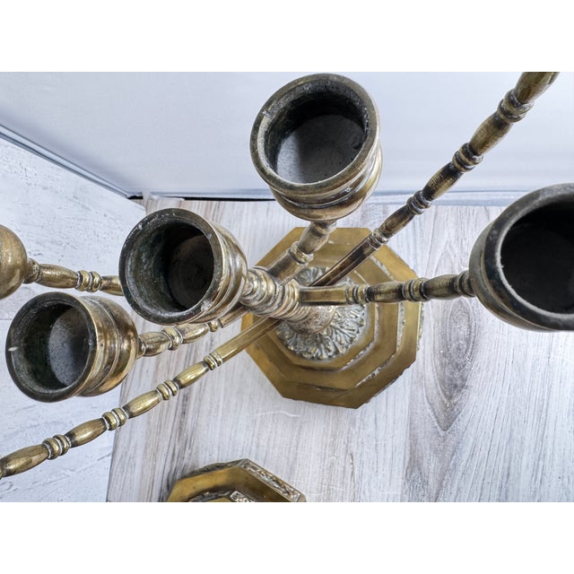 Antique Dutch Brass Menorah Candelabras - A Pair For Sale - Image 4 of 7