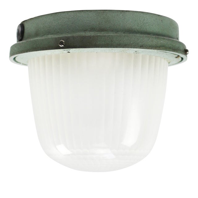 Vintage Industrial French Green Cast Iron and Frosted Cut Glass Flush Mount by Holophane For Sale