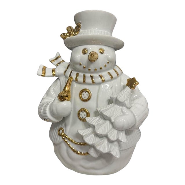 Vintage White Ceramic Snowman Figurine Adorned With 24k Gold For Sale