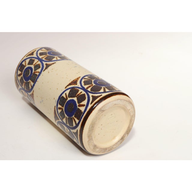Scandinavian Modern Stoneware Cylindrical Vase With Geometric Motif For Sale - Image 11 of 12