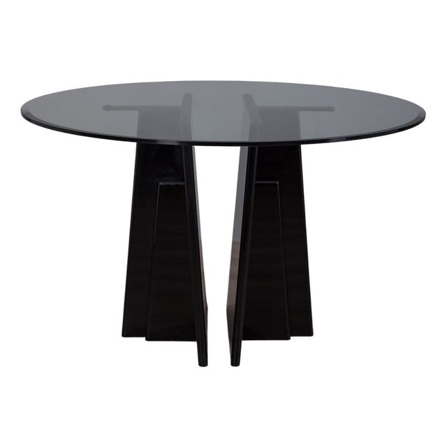 Vintage Italian Round Table in Black Wood and Glass, 1980s For Sale