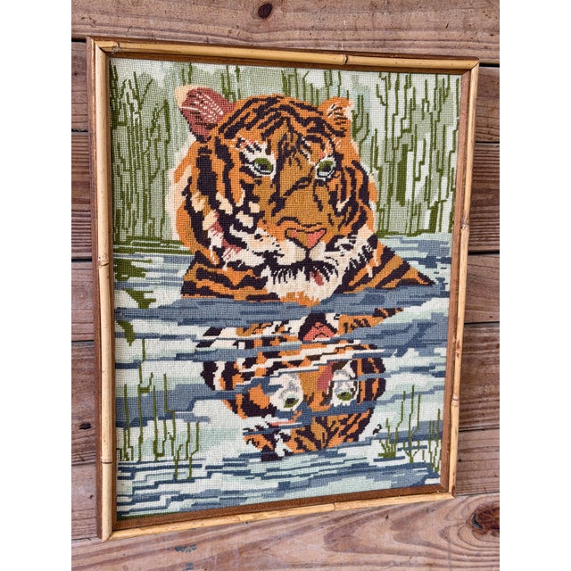 Mid-Century Modern Vintage Boho Safari Tiger Needlepoint Wall Art in Bamboo Trim Frame For Sale - Image 3 of 12