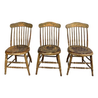 Set of 3 Antique 19th Century Primitive Spindle Back Chairs For Sale