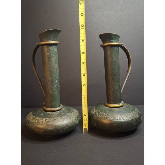 Pair Vintage Pal-Bell Maurice Ascalon Bronze Ewers Pitchers Grape Motif Israel For Sale - Image 14 of 14