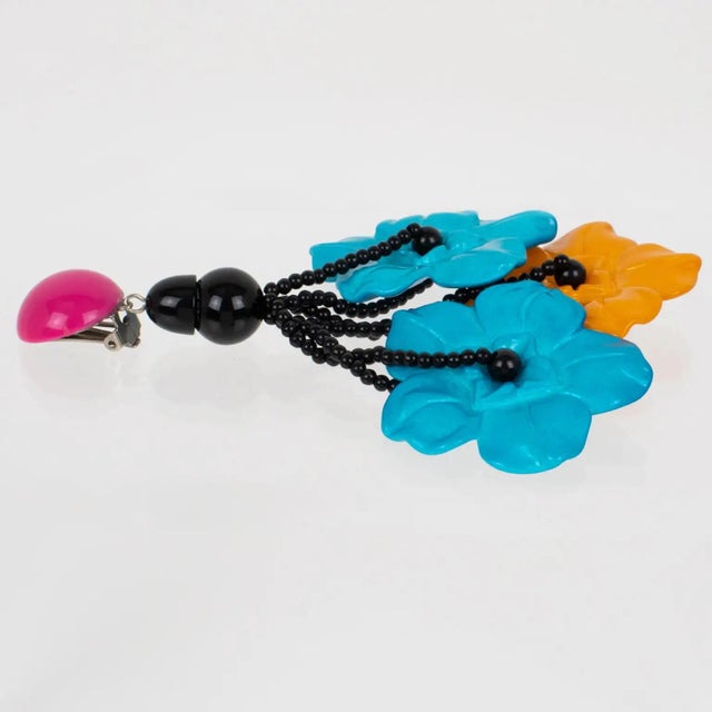 Plastic Angela Caputi Saffron and Turquoise Flower Resin Clip Earrings For Sale - Image 7 of 8