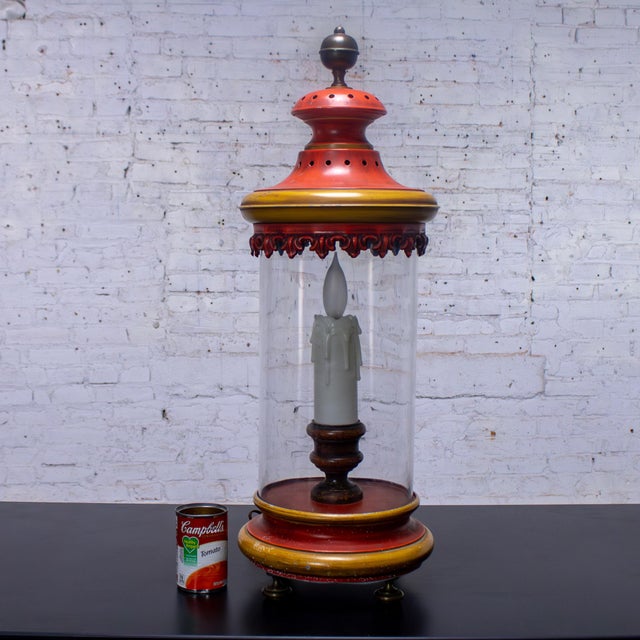 1960-1970’s Campaign Style Hurricane Lantern Table Lamp Orange & Yellow Painted Metal Frame & Brass Accents For Sale - Image 13 of 18