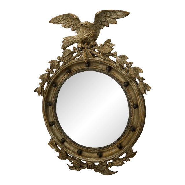 English 1900s Silver Gilt Convex Girandole Bullseye Mirror with Eagle Motif For Sale