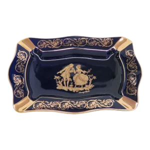 Limoges Castel France Porcelain Cobalt Blue 22k Gold Cameo Ashtray