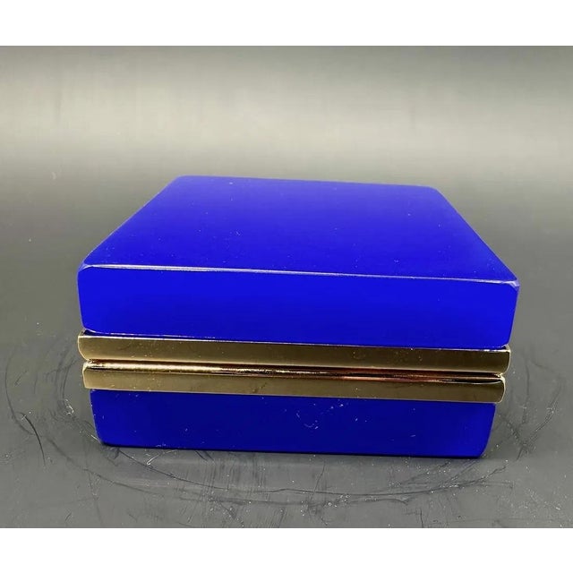 Antique Square Box in Lapis Lazuli Colored Opaline Glass with Gilded Bronze Frames, 1890s For Sale - Image 5 of 13