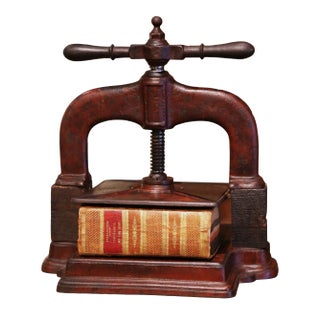 19th Century French Rust Red Painted Wrought Iron Book Binding Press With Book For Sale