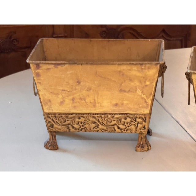 Metal Pair of Tole Planters With Lion Mask Handles For Sale - Image 7 of 10