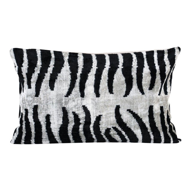 Silk Ikat Velvet Pillow Cover – Black and Beige Zebra Cushion (16'' X 24'') For Sale