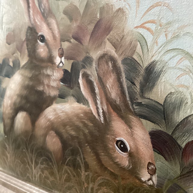 Textile Mid 20th Century Vintage Cutrona Wildlife Canvas Painting of Bunnies Artist Signed Framed For Sale - Image 7 of 12