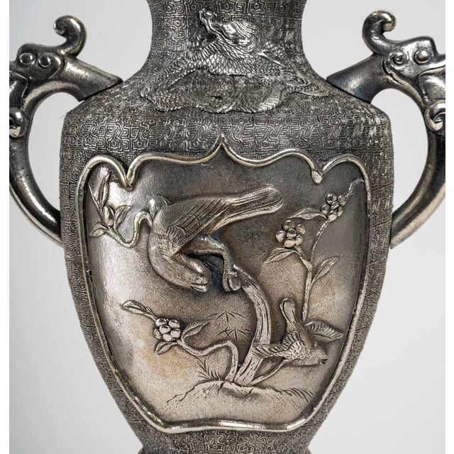 Asian Silvered Metal Vases, Set of 2 For Sale - Image 4 of 14