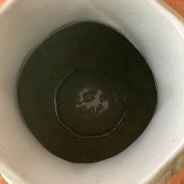 Ceramic Vintage Celadon Glaze Crackle Finish With Handles Raised Floral Pattern Porcelain Vase For Sale - Image 7 of 12