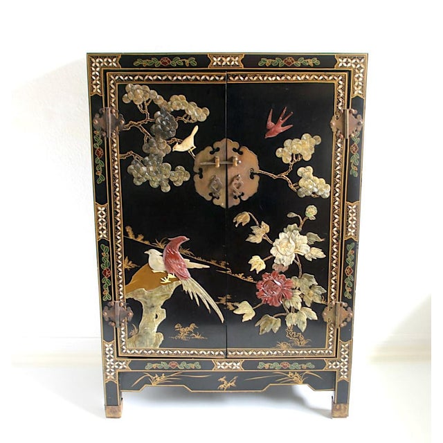 Vintage Chinese Black Lacquer Cabinet With Carved Hard Stone