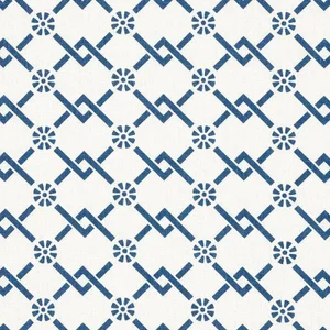 Schumacher X Timothy Corrigan Fretwork Flower Fabric in Pacific