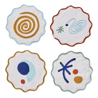 Misette Celestial Embroidered Linen Coasters in Multicolor, Set of 4 For Sale