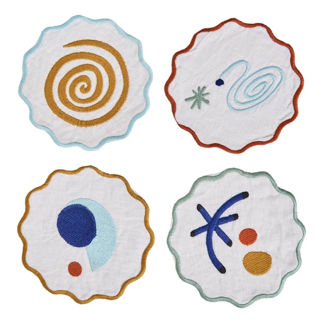 Misette Celestial Embroidered Linen Coasters in Multicolor, Set of 4 For Sale