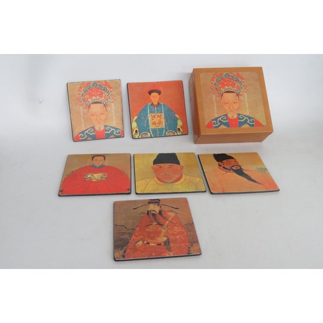 Mid 20th Century Chinoiserie Boxed Set of 6 Square Coasters Chinese Ancestor Portrait Motif For Sale - Image 13 of 15