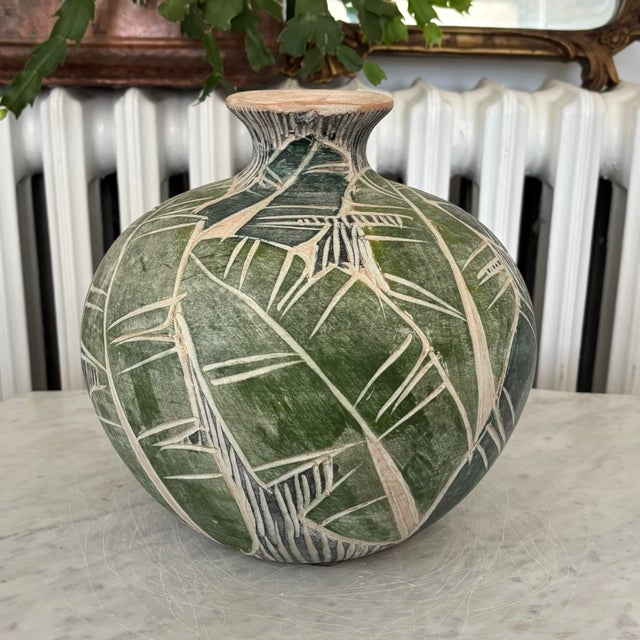 Earthenware Pottery Vase With Leaf Design For Sale - Image 12 of 12