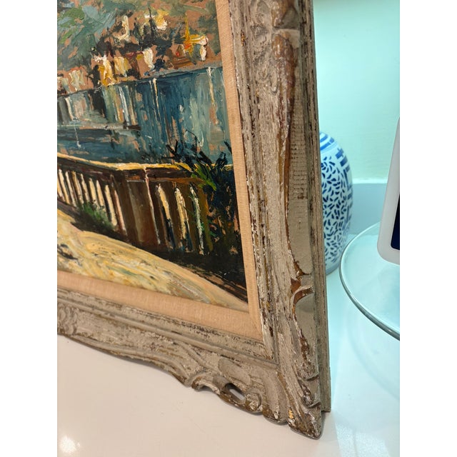 Vintage Textured Impressionist Oil Painting Cote d'Azur Coastal Town Landscape in Carved Wood Frame For Sale - Image 9 of 15