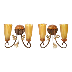 Pair 2000s American Contemporary Amber Blown Art Glass 2 Light Wall Sconces Light Fixture