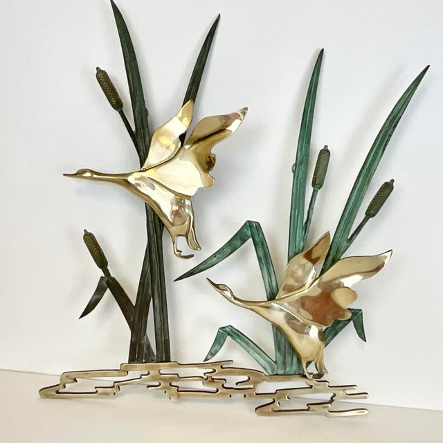 1970s Vintage Arts & Crafts Boho Chic Brass Ducks With Verdigris Bronze Cat Tails Wall Sculptural Object. For Sale - Image 6 of 10