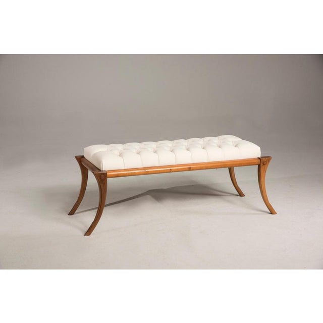 Saber legs walnut wood milk light color seat bench, upholstery and wood. Italian artisanal production by Pescetta Home...