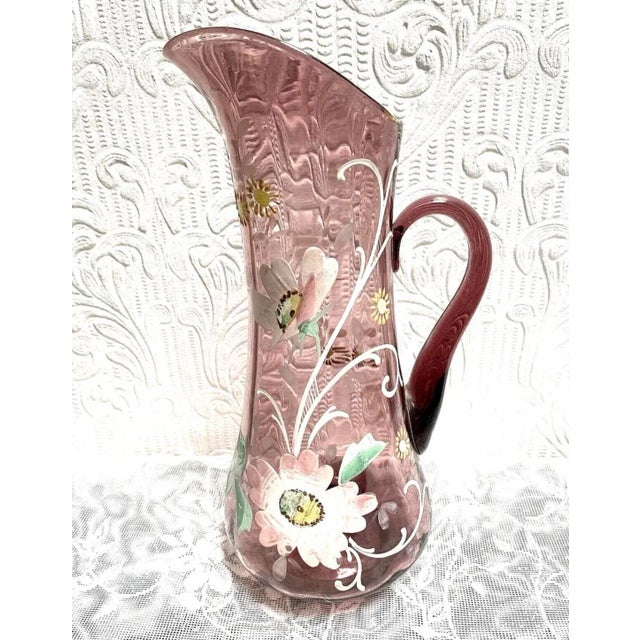 Antique Moser Hand Painted Floral Amethyst Glass Tall Pitcher For Sale - Image 11 of 11