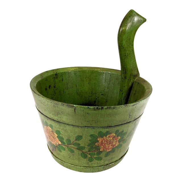 20th Century Hand Painted Wooden Bucket With Handle For Sale