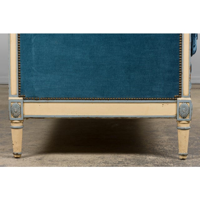 Antique French Directoire Style Painted Sofa in Blue Velvet For Sale - Image 11 of 18