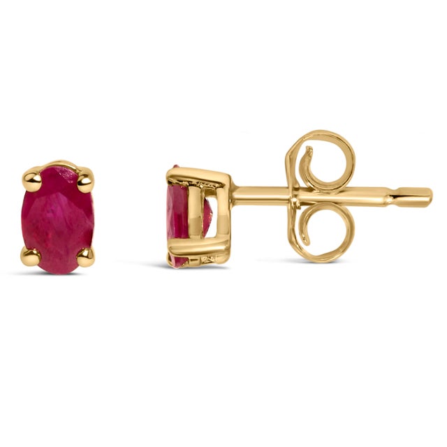 Contemporary 14K Yellow Gold 5x3 MM Oval Red Ruby Solitaire Stud Earrings For Sale - Image 3 of 5