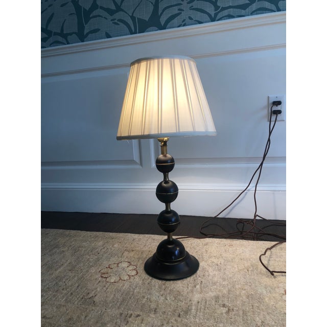Traditional Brass and Wooden Stacked Ball Table Lamps - a Pair For Sale - Image 3 of 12