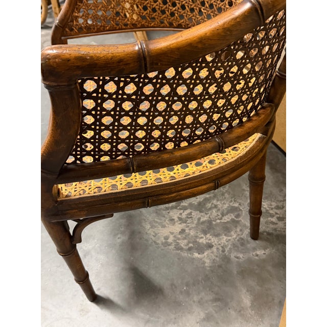 Mid-Century Faux Bamboo and Cane Barrel Back Chair With Leather Cushion For Sale In Los Angeles - Image 6 of 11
