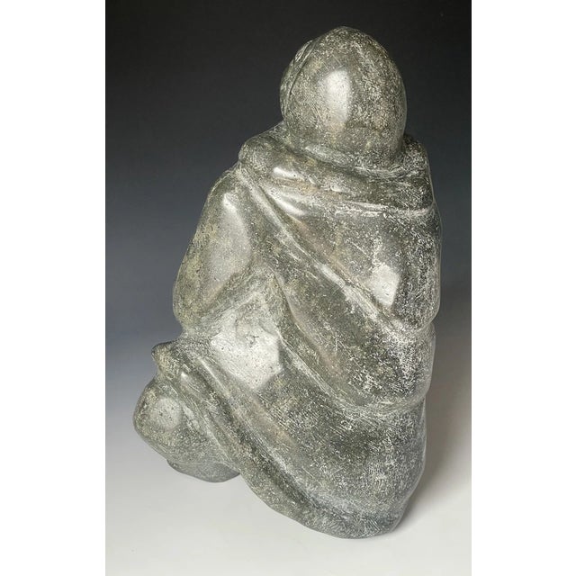 Gray Mid 20th Century +25 LBS Huge Native Inuit Hand Carved Stone Sitting Human Art Sculpture For Sale - Image 8 of 11