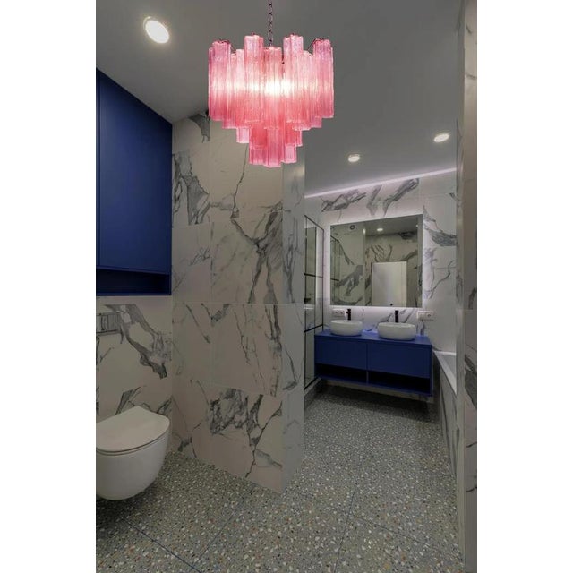 Trio Pink Glass Tube Chandeliers, Murano, 1970s, Set of 3 For Sale - Image 9 of 16